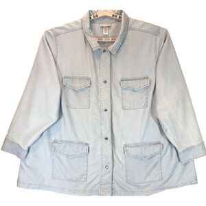 Catherines Denim Shirt Jacket Womens 3X 3/4 Sleeve Button Front Pockets Chore